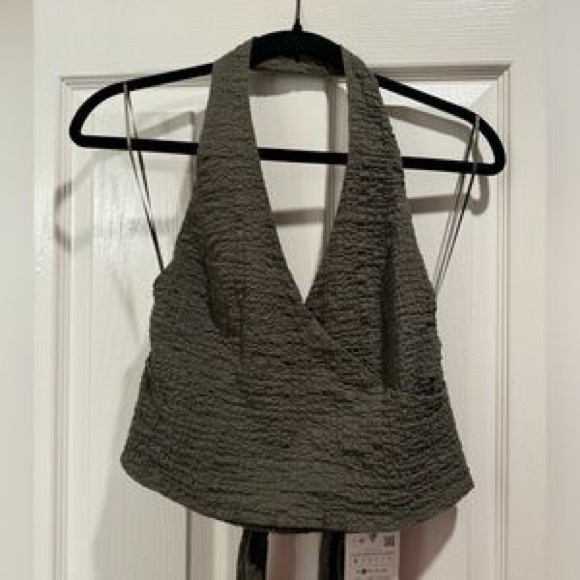 Zara crinkled textured dark olive green halter neck tie wrap top - Picture 8 of 11